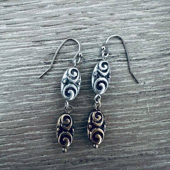 Premier Designs Gold Silver Antiqued Scroll Drop Earrings - Picture 3 of 4